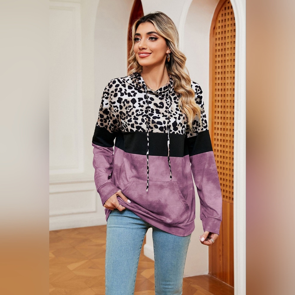 Leopard Drawstring Hoodie with Pocket